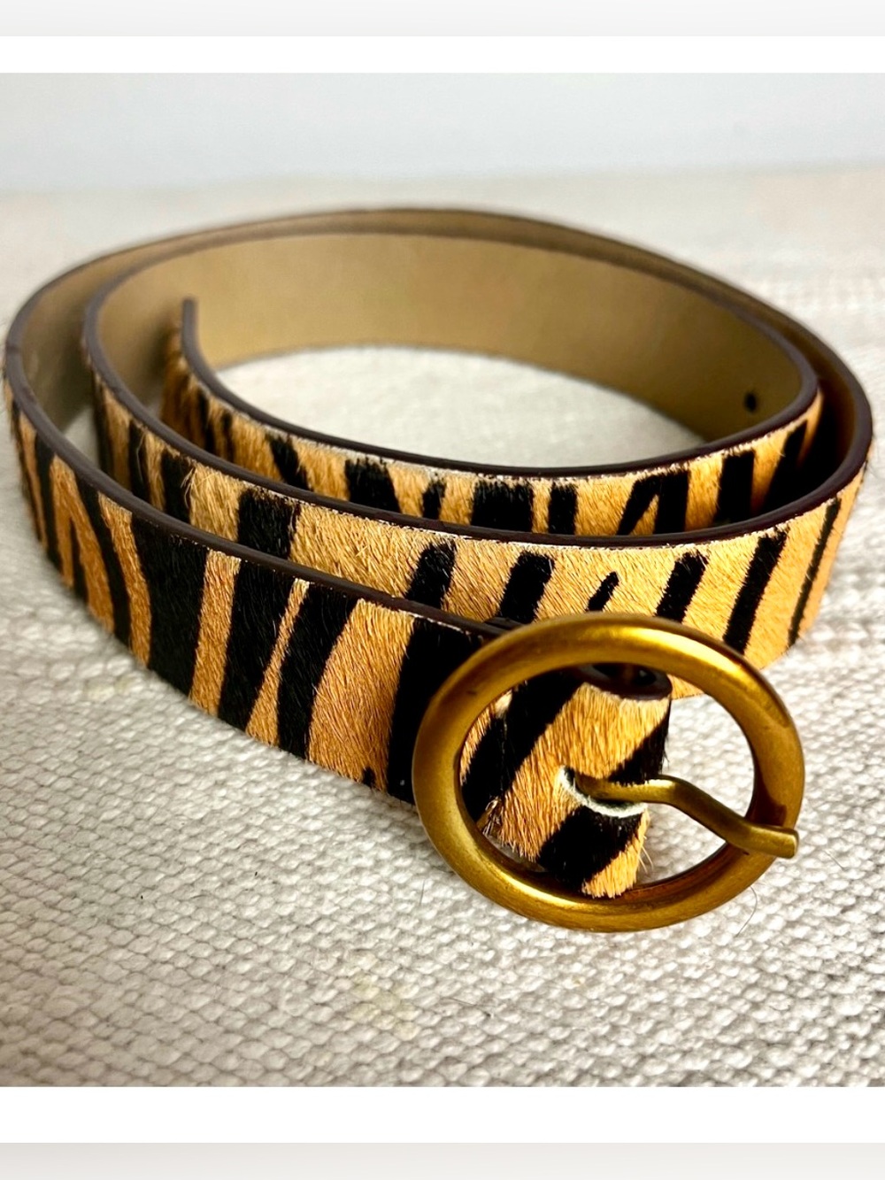 Urban Outfitters Calf Hair Tiger Print Belt with Tone Brass Buckle 1” Wide • M